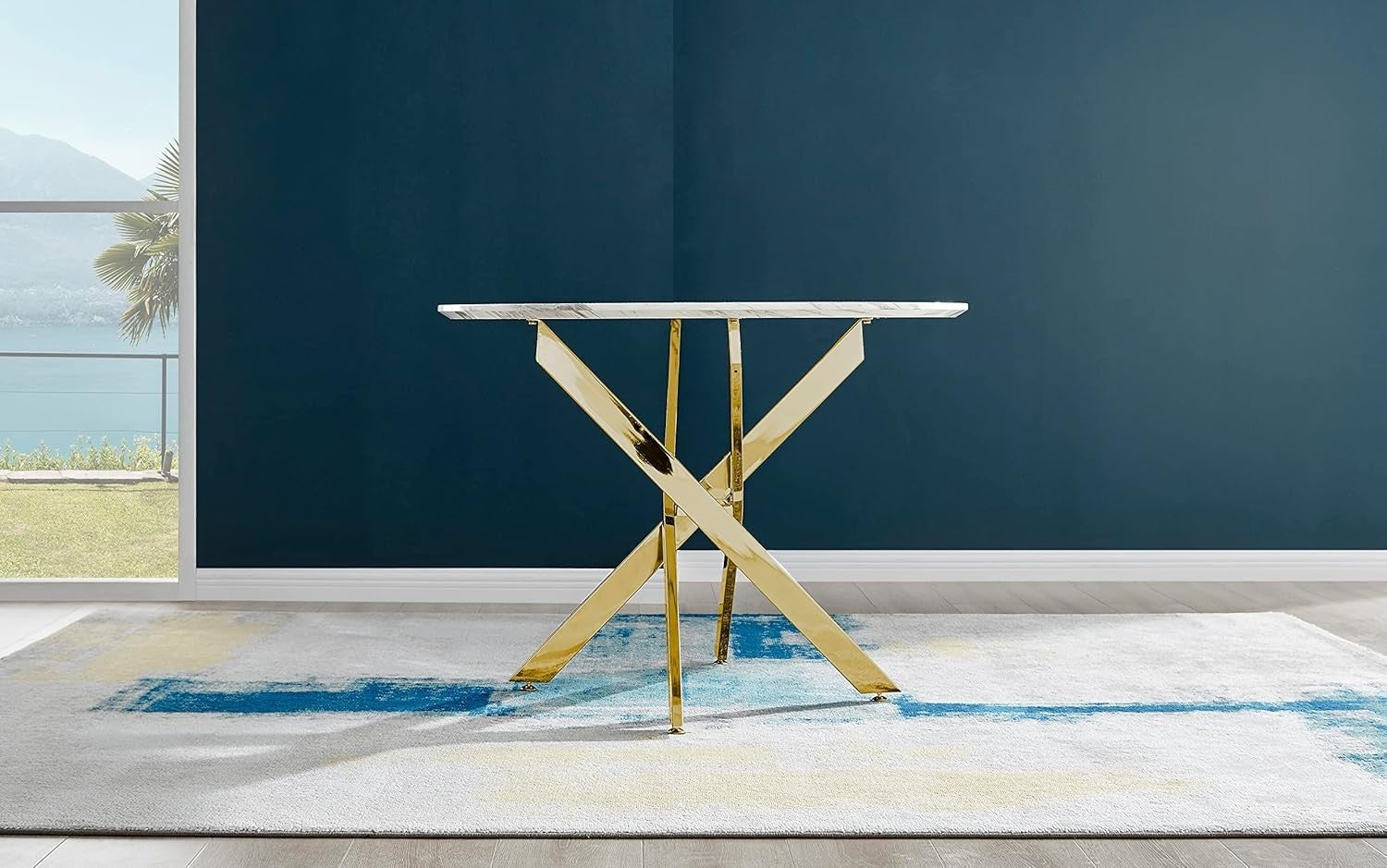 Compact 100cm Round Marble Dining Table with Gold Chrome Legs – Modern