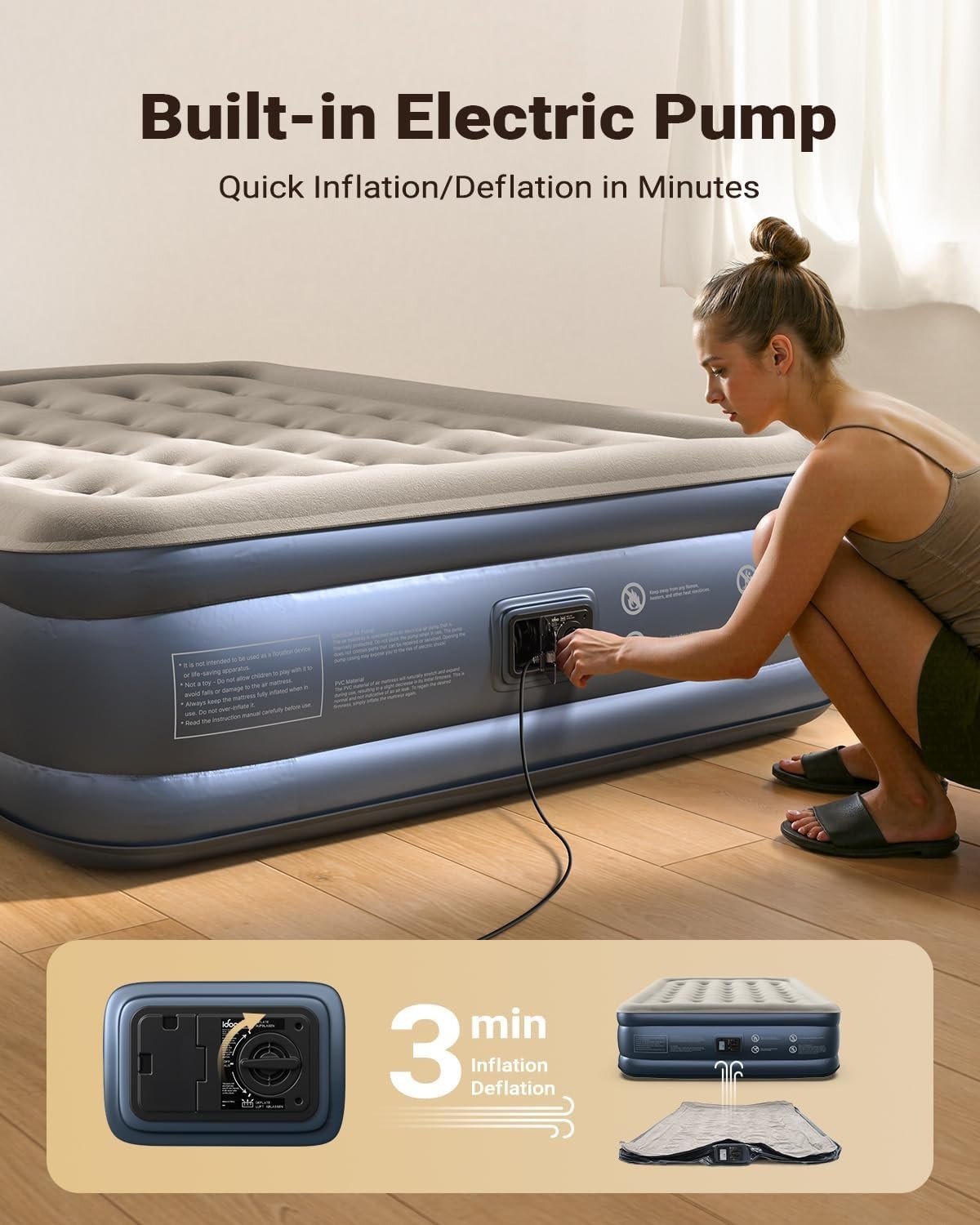 King Size Air Mattress Built-In Pump Quick Inflate Portable Bed 3 Min