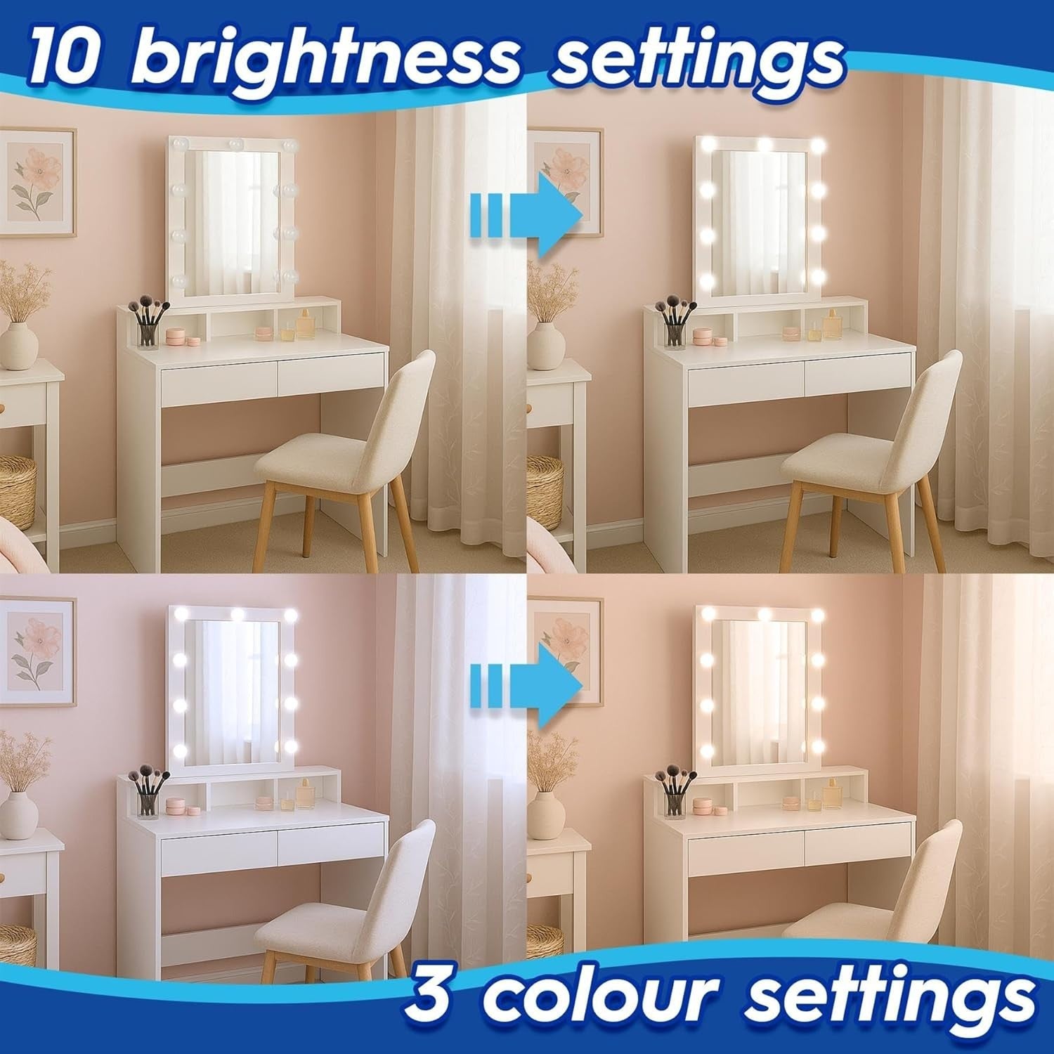White Wooden Dressing Table w/ 9 LED Lights Mirror & Storage Bedroom