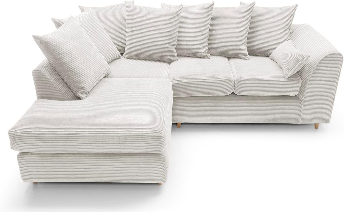White Jumbo Cord Corner Sofa | L Shape Chaise Lounge | Deep Cushions | 4 Seater