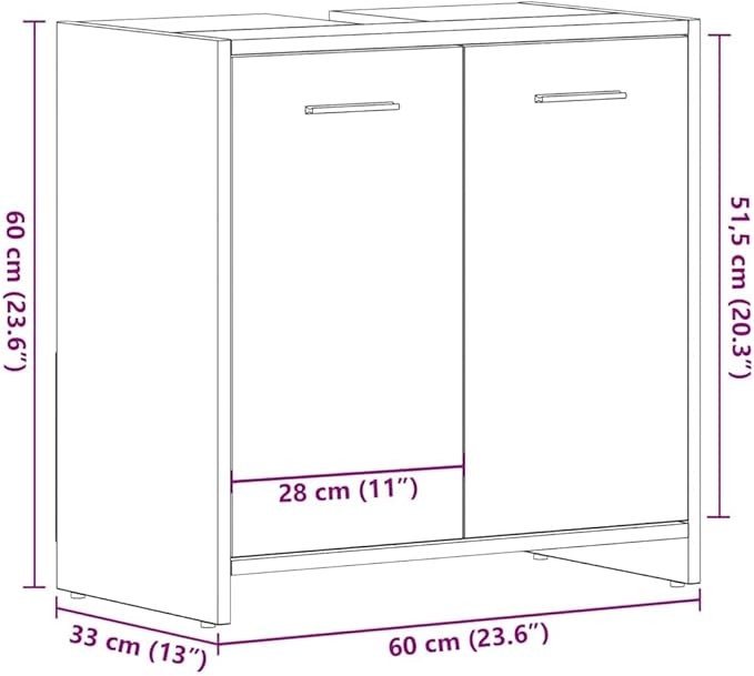 Modern Black Oak Bathroom Sink Cabinet – 60x33x60cm Under Sink Storage Unit