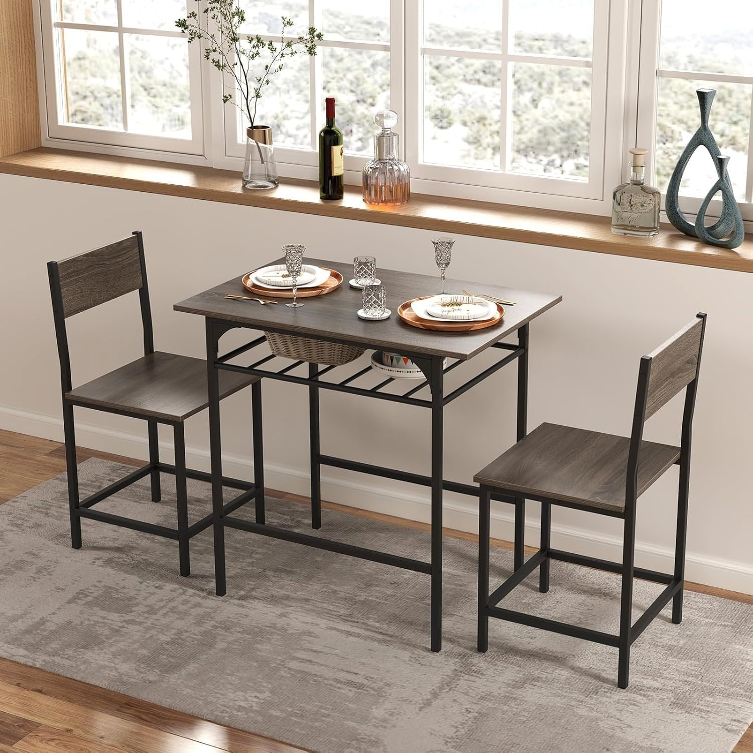 Dining Table Set Grey Storage Rack & 2 Stools, Compact Space Saving Kitchen Set