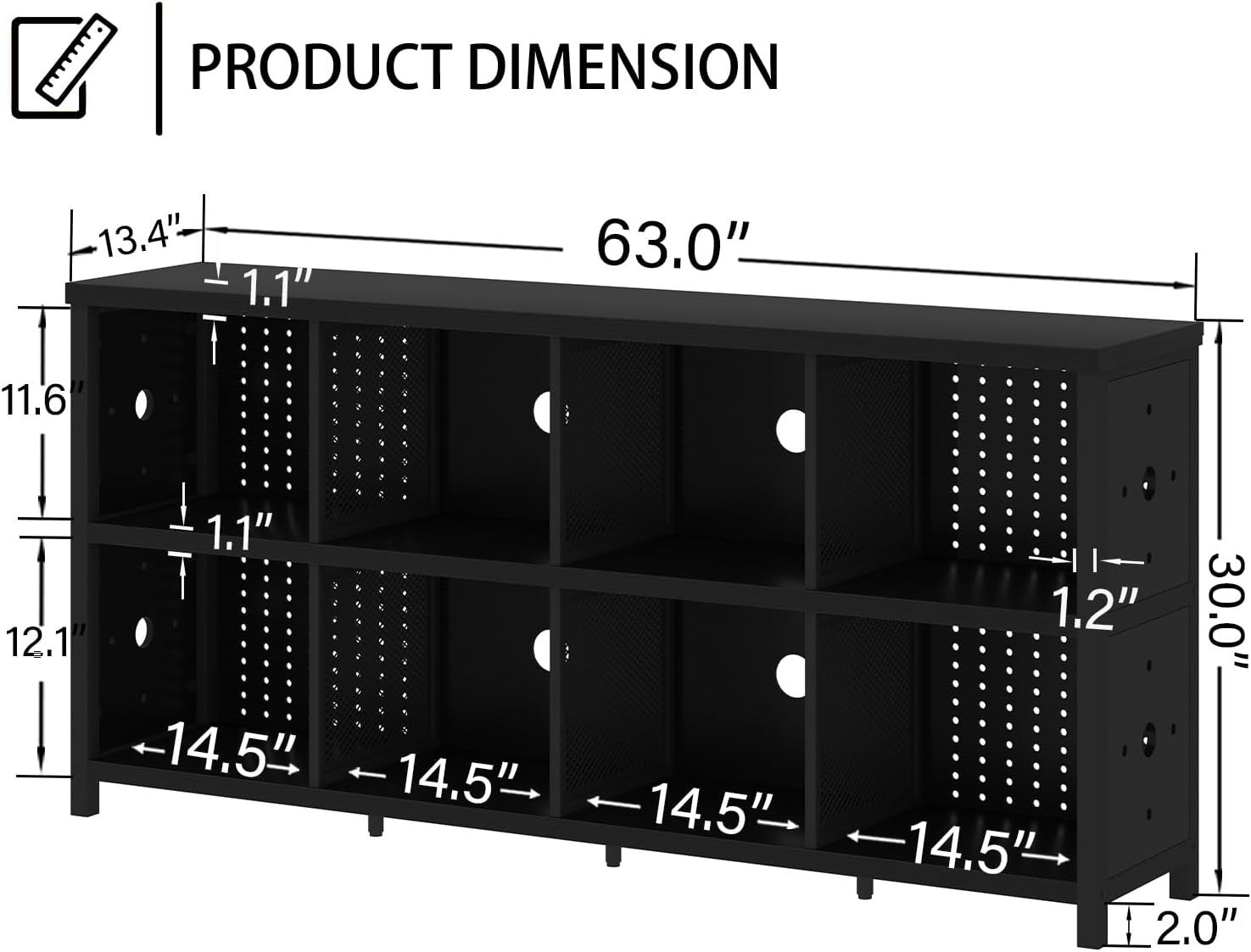 Black 8 Cube Wooden Bookcase Storage Shelf Cabinet Industrial Style 160x34x76cm