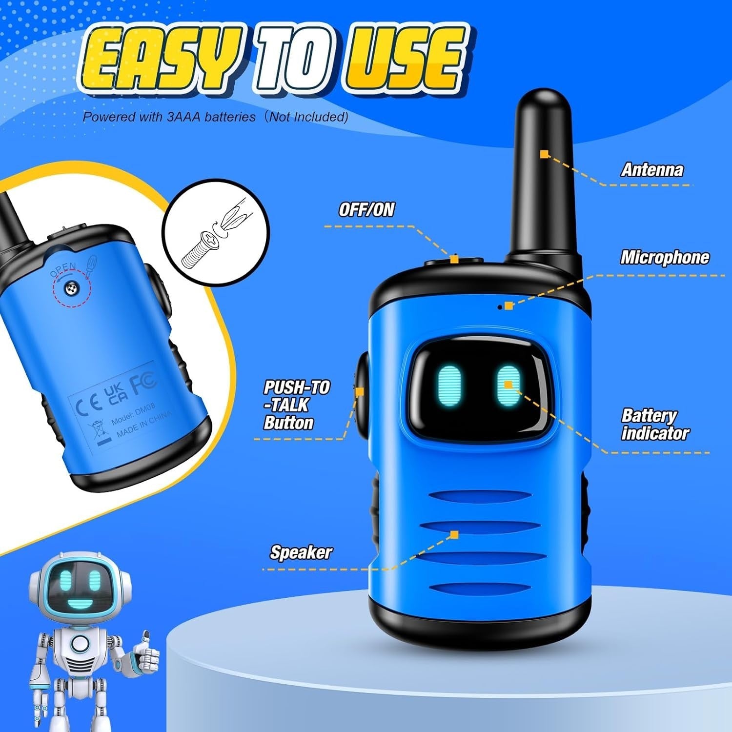 Kids Walkie Talkies Lightweight Robot Toy Long Range Gift 2 PCS Blue