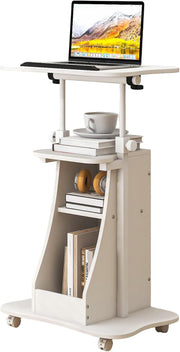 Height Adjustable Overbed Laptop Table on Wheels Storage Cabinet White