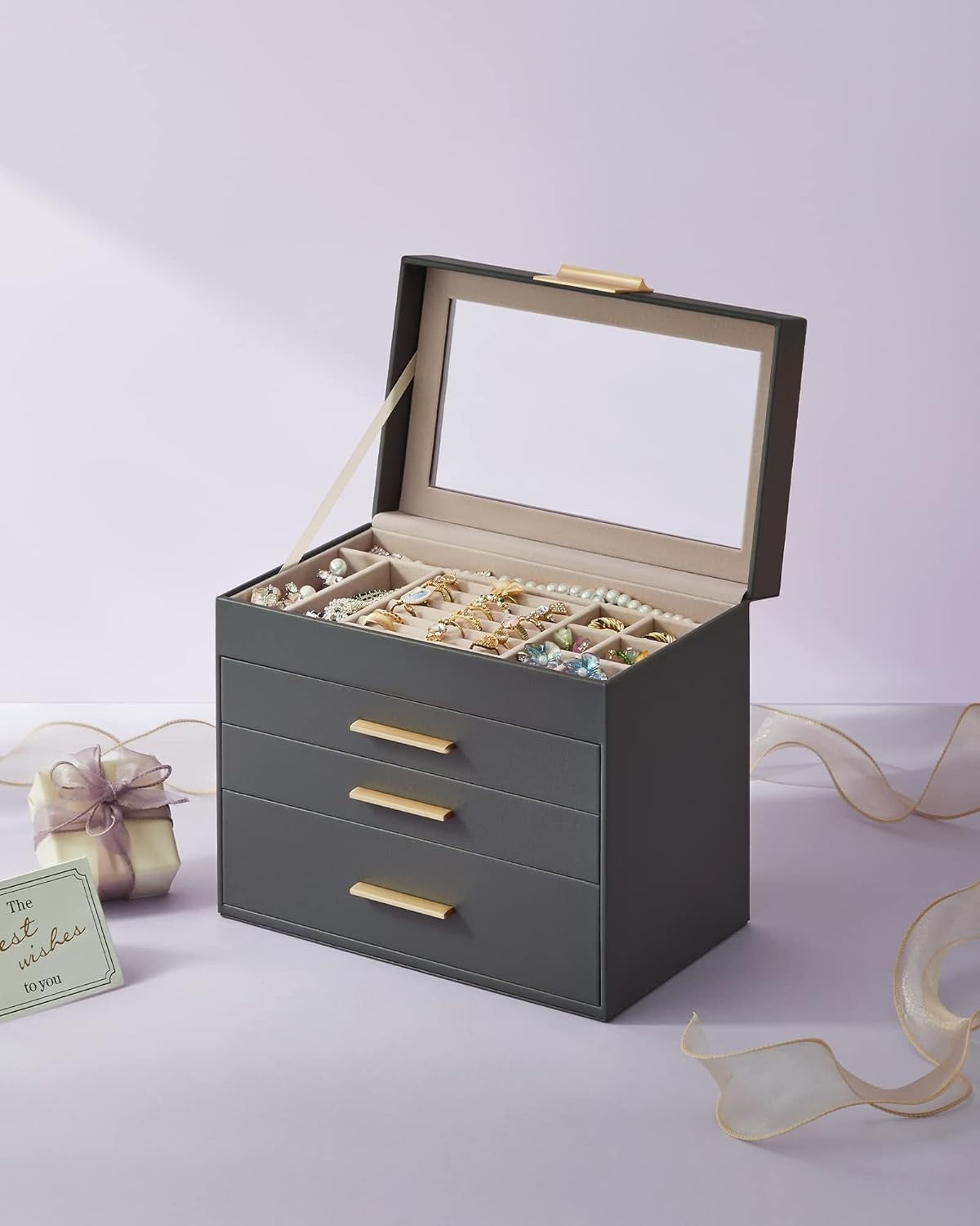 Grey Gold Jewellery Box Glass Lid 4 Layer Organizer with Drawers