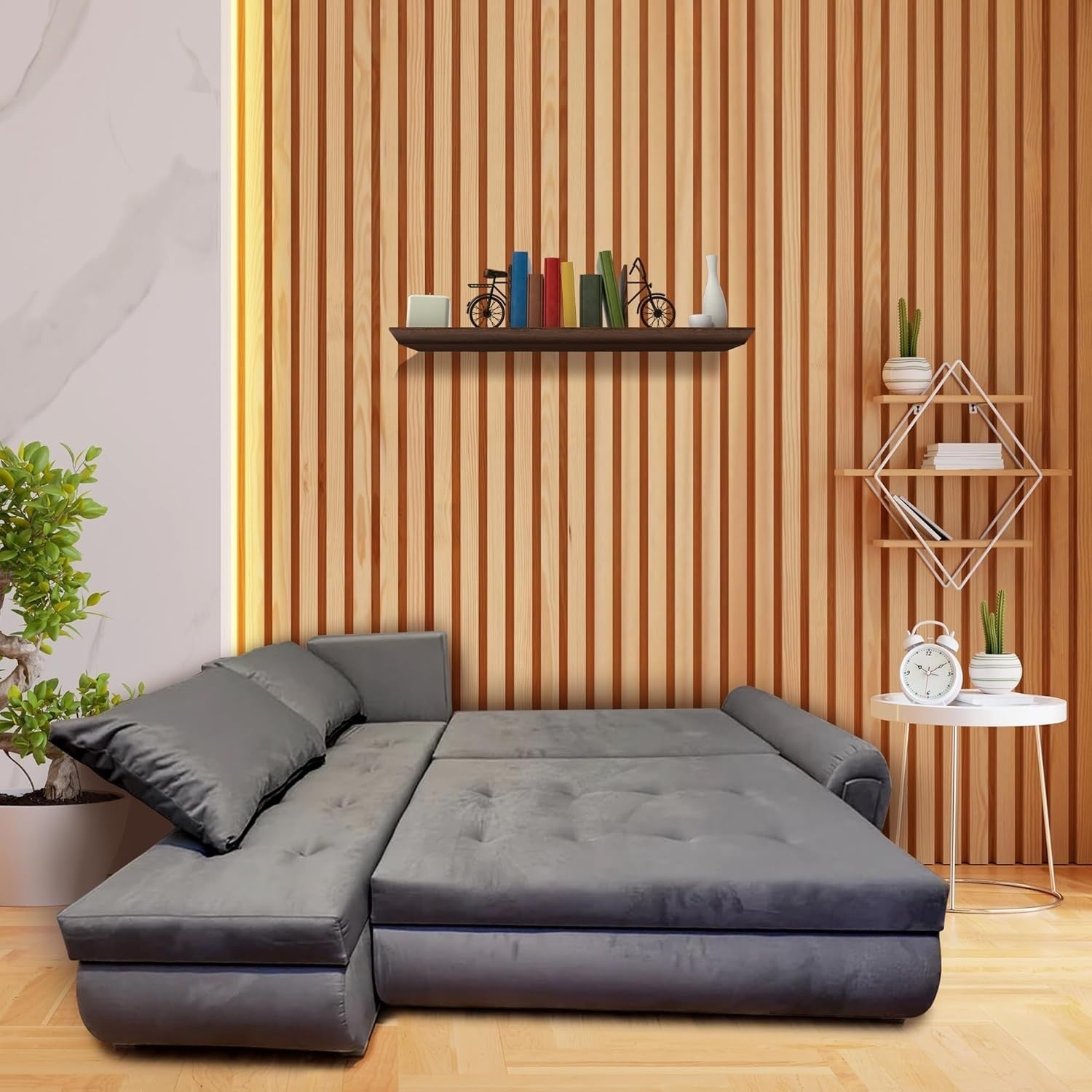 Convertible L-Shape Sofa Bed with Storage – Plush Velvet Grey Sleeper