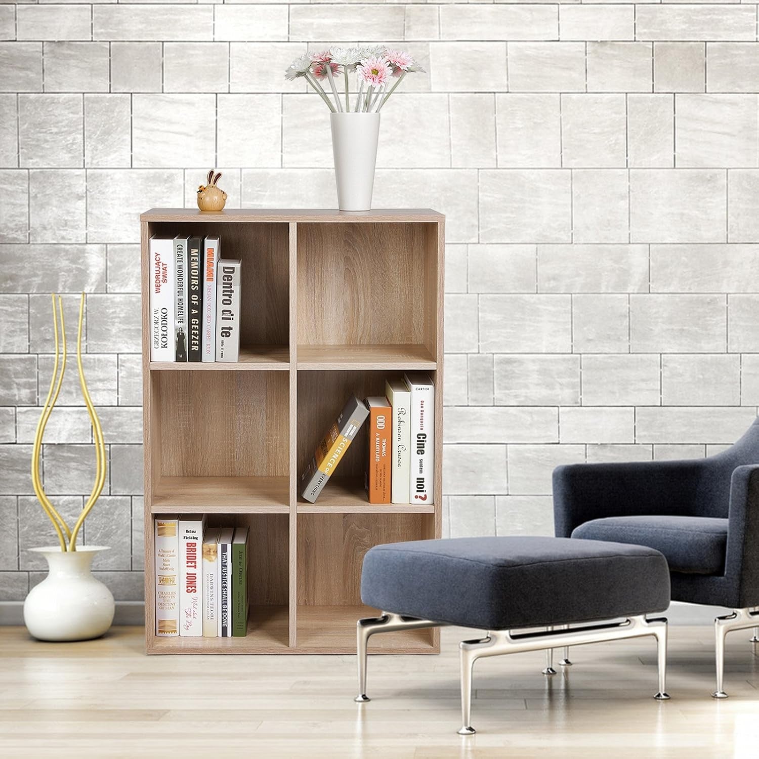 6-Compartment Oak Bookcase | Modern Cube Storage Shelf for Home Office Living Ro