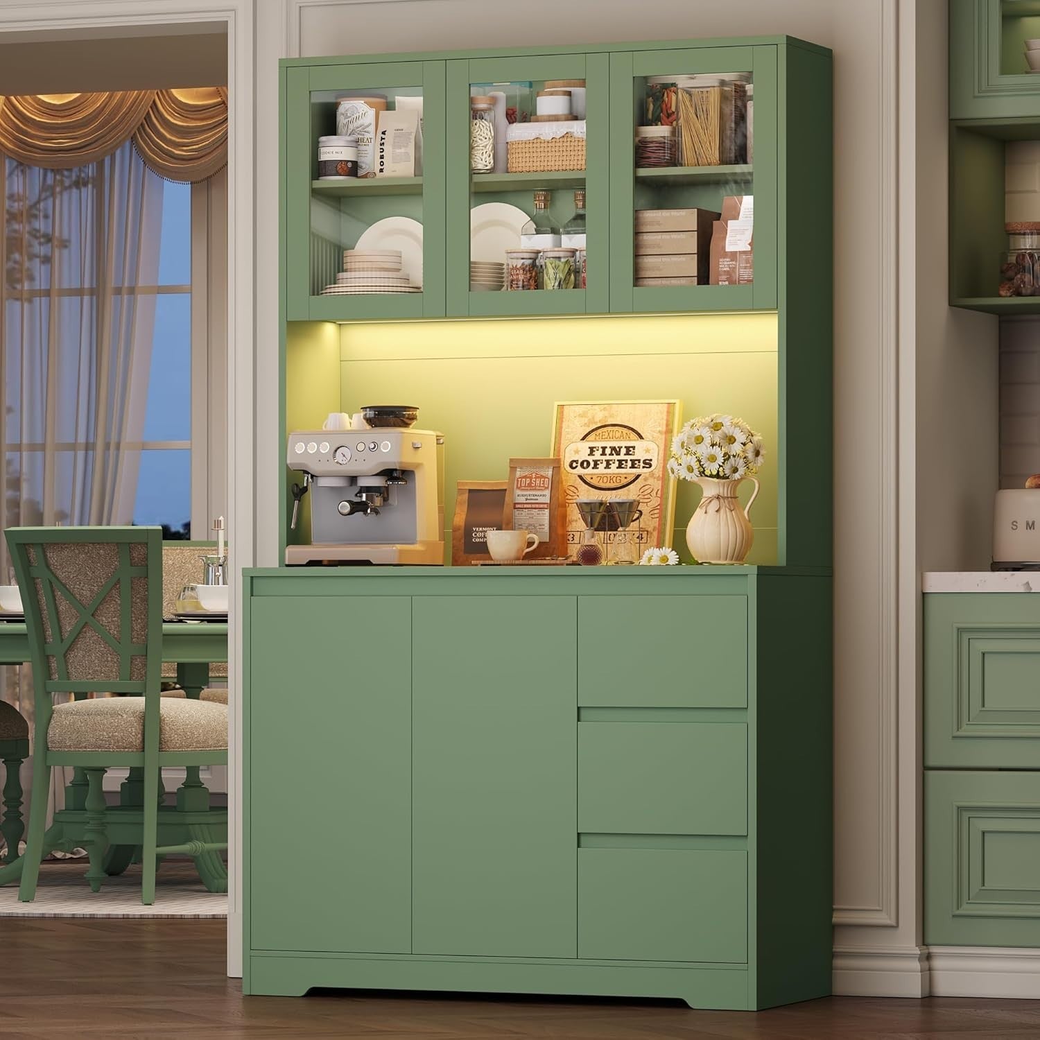 Green Tall Kitchen Cupboard with LED, Sockets, Drawers & Shelves