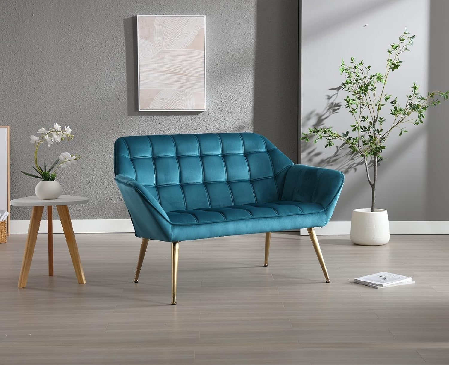 Blue Velvet 2 Seater Sofa Tub Chair Loveseat Metal Legs Lounge Armchair