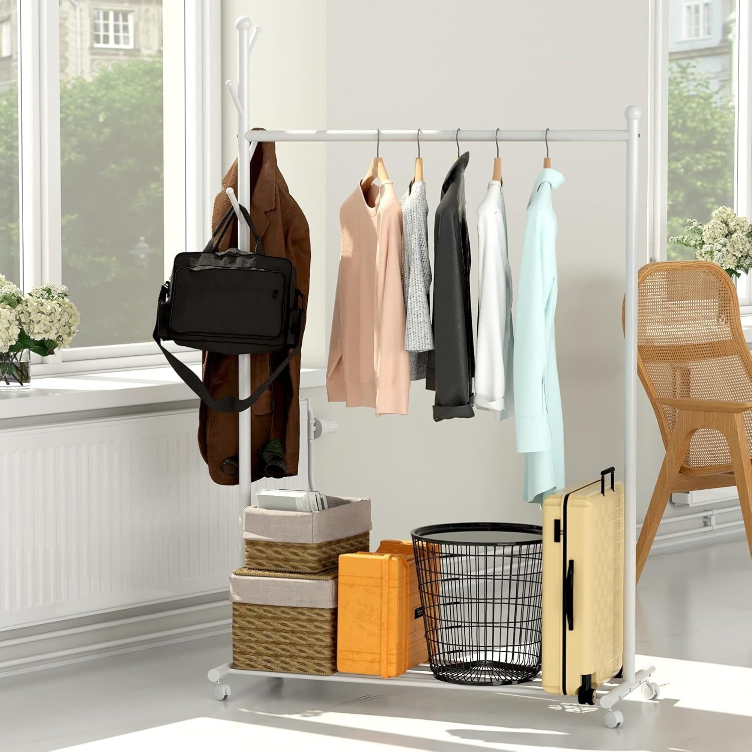 Heavy Duty Clothes Garment Rack with Shelf Wheels Metal White