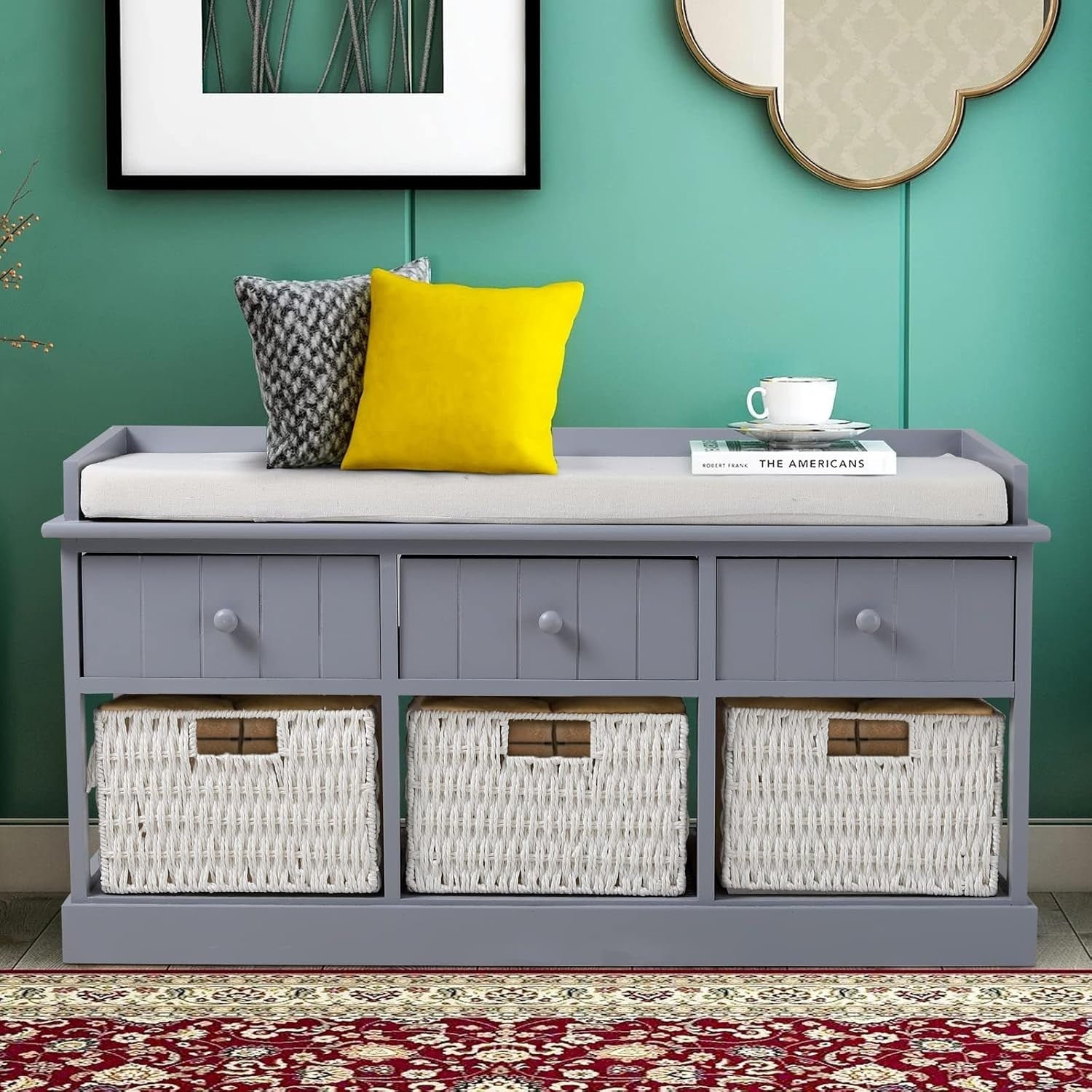 Blue-Grey Hallway Storage Bench with 3 Drawers & Wicker Baskets 100x30x50cm