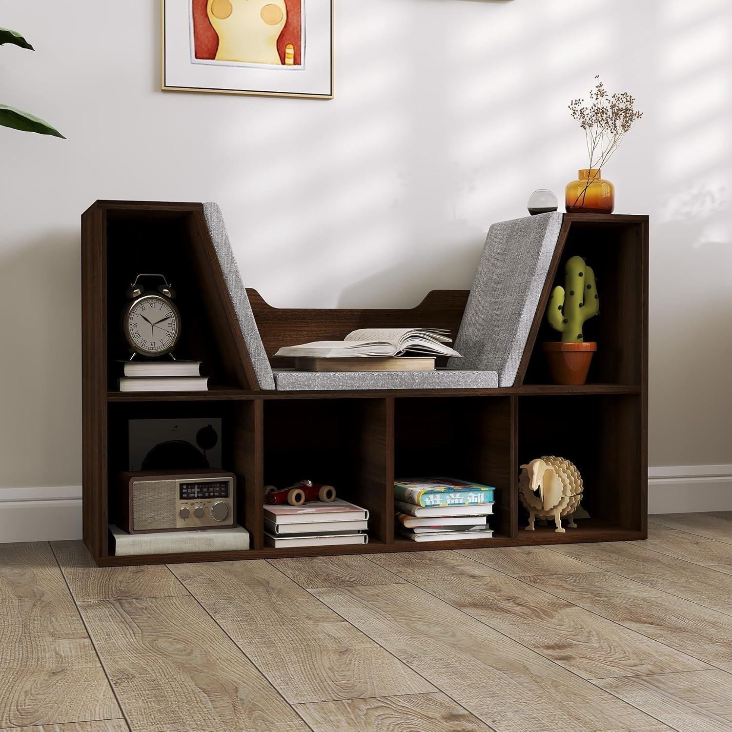 Bookcase with Cushioned Reading Seat 6 Cube Storage Bench Chestnut
