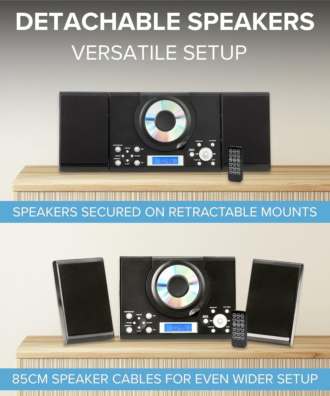 Compact Wall Mount CD Player Stereo System USB MP3 FM Radio Alarm Remote Control