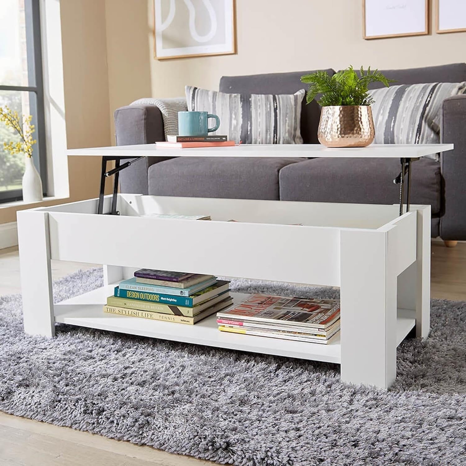 Lift Top Coffee Table White 100x50cm with Hidden Storage & Shelf Modern