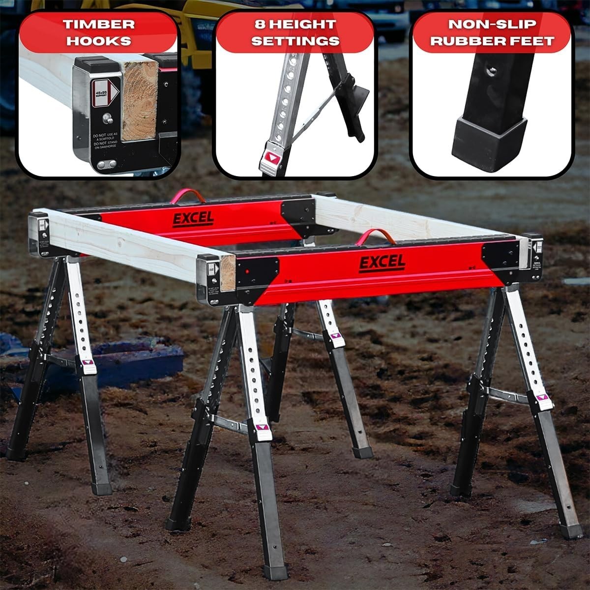 Portable Steel Sawhorse Twin Pack Adjustable Legs Work Table Non-Slip Feet