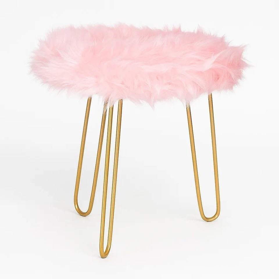 Pink Faux Fur Vanity Stool Round Gold Hairpin Legs Modern Accent Seat
