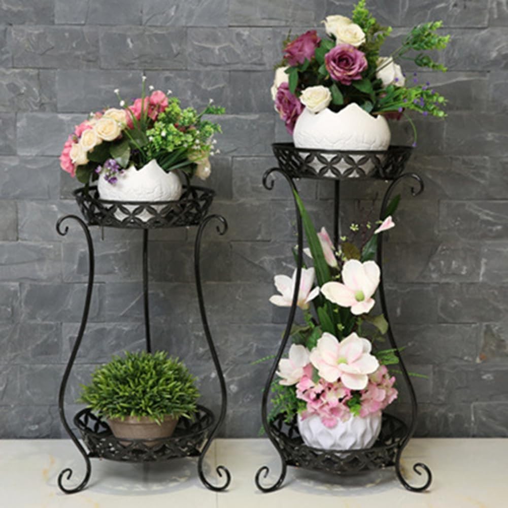 2 Tier Black Metal Plant Stand Indoor Outdoor Tall Flower Pot Display Shelf