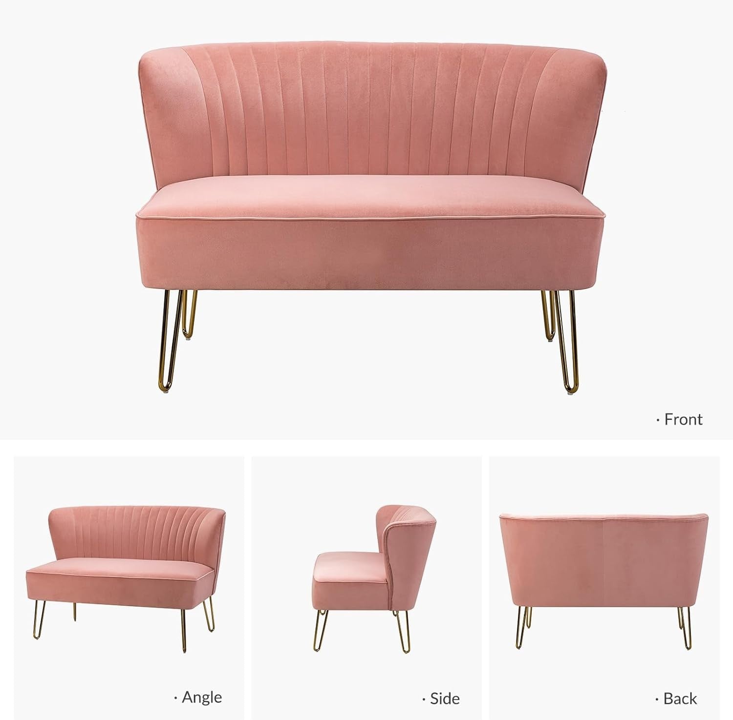 Pink Velvet 2 Seater Sofa with Gold Legs Compact Loveseat for Lounge Flat