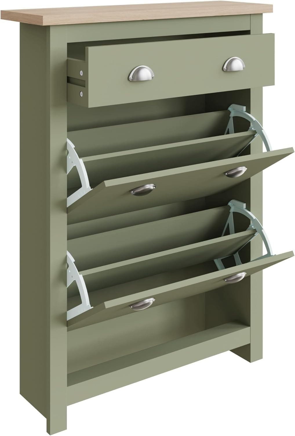 Slim Wooden Shoe Cabinet with Drawer – Oak Effect, 12 Pair Storage, Sage Green