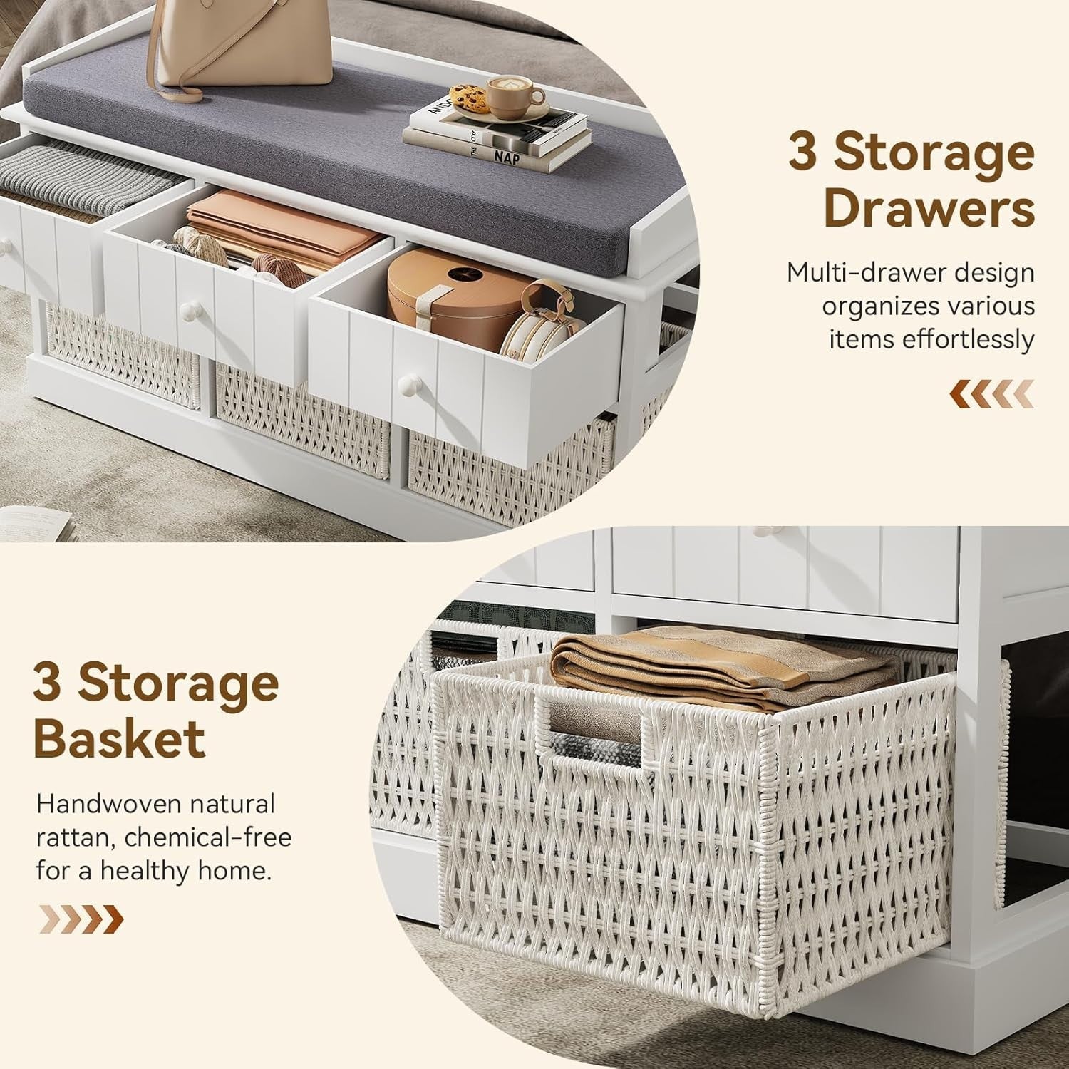 White Storage Bench with Cushion 3 Drawers 3 Wicker Baskets Hallway 100cm