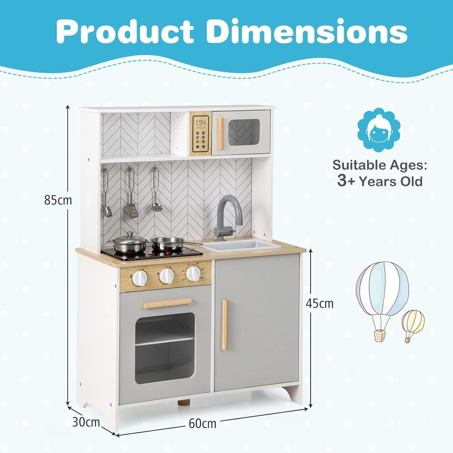 Wooden Kids Play Kitchen Lights Sounds Oven Microwave White Grey