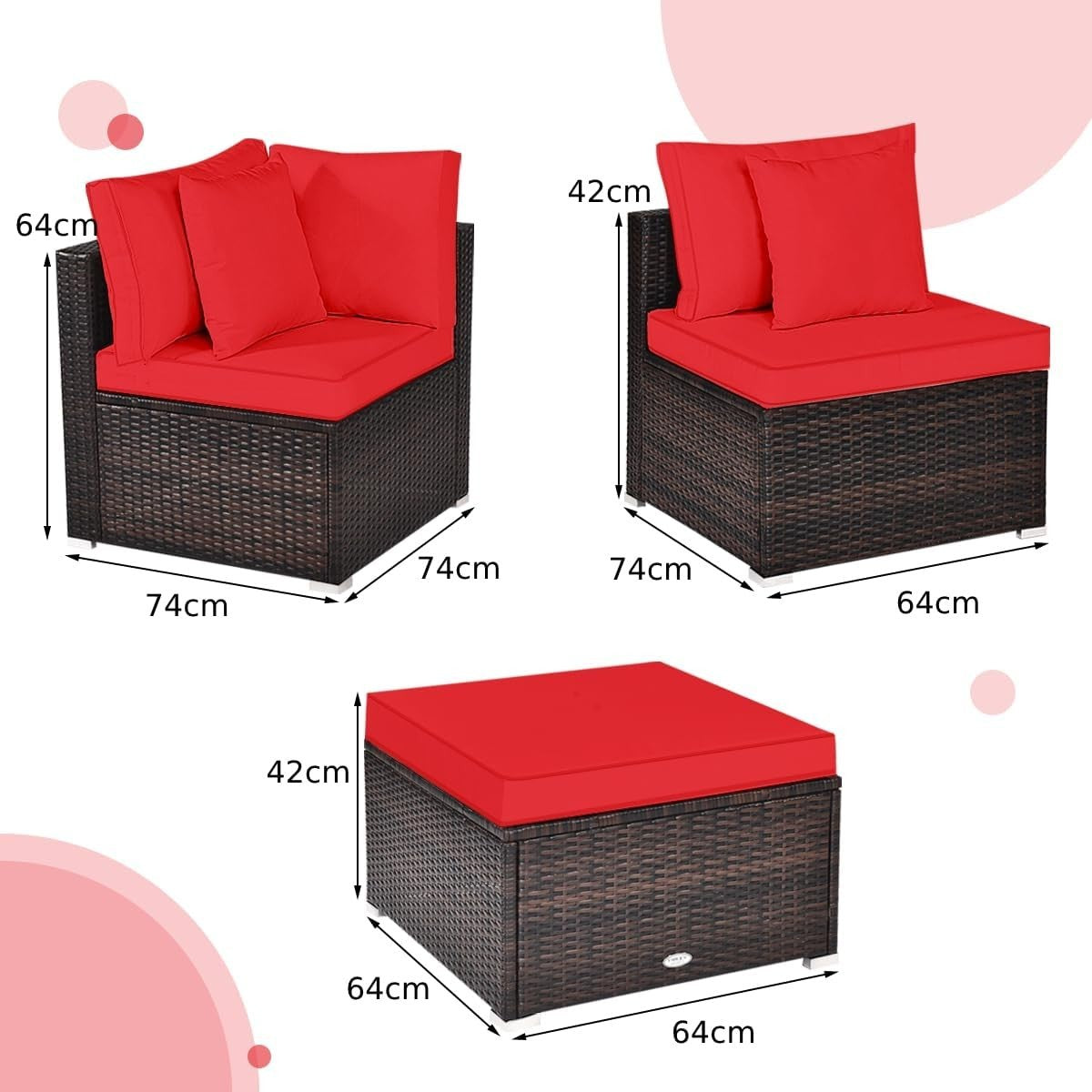 4PC Red Rattan Garden Sofa Set Modular Patio Lounge Coffee Table Cushions