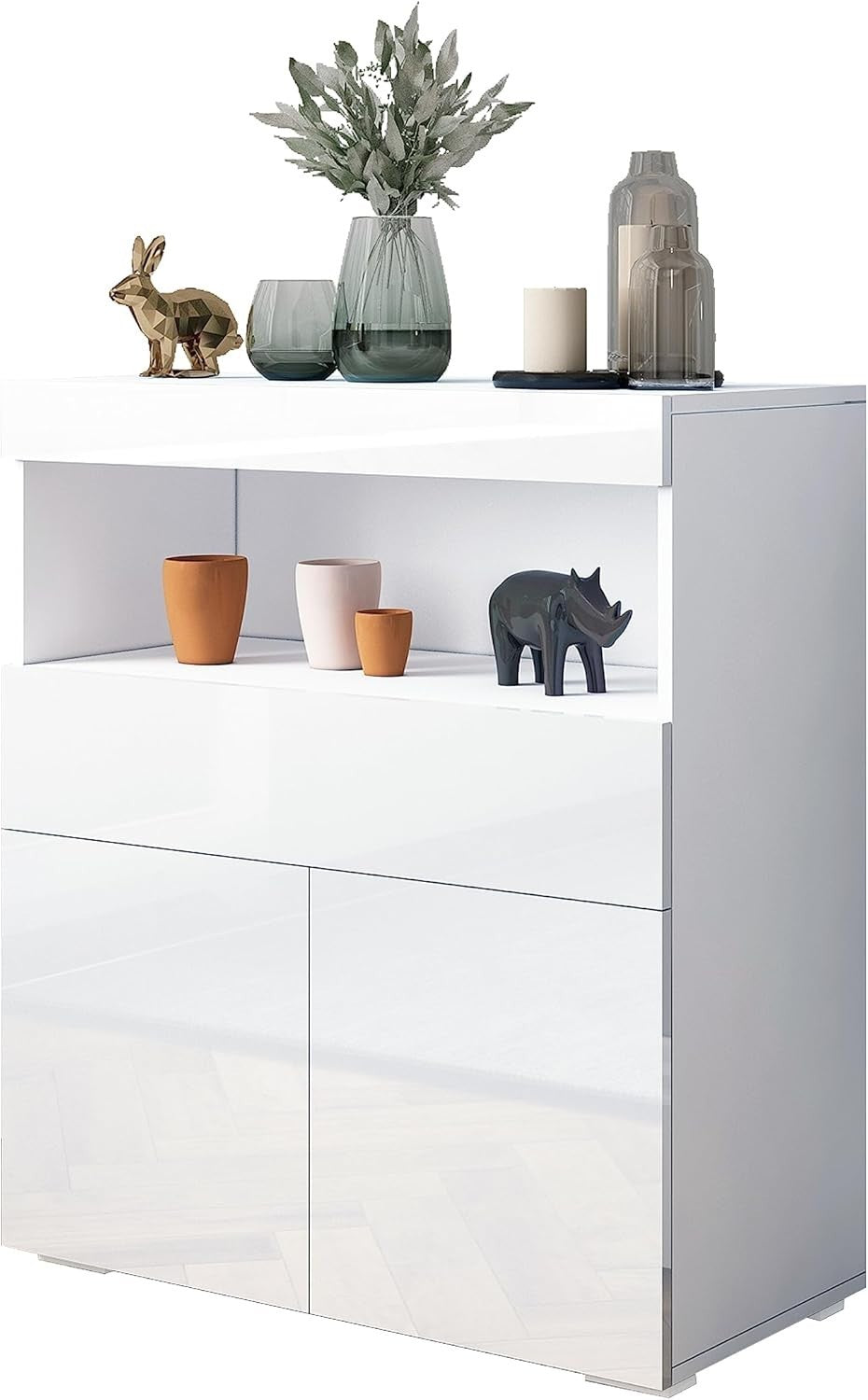 White High Gloss Sideboard Cabinet with LED Lights, Storage & Lockable Doors