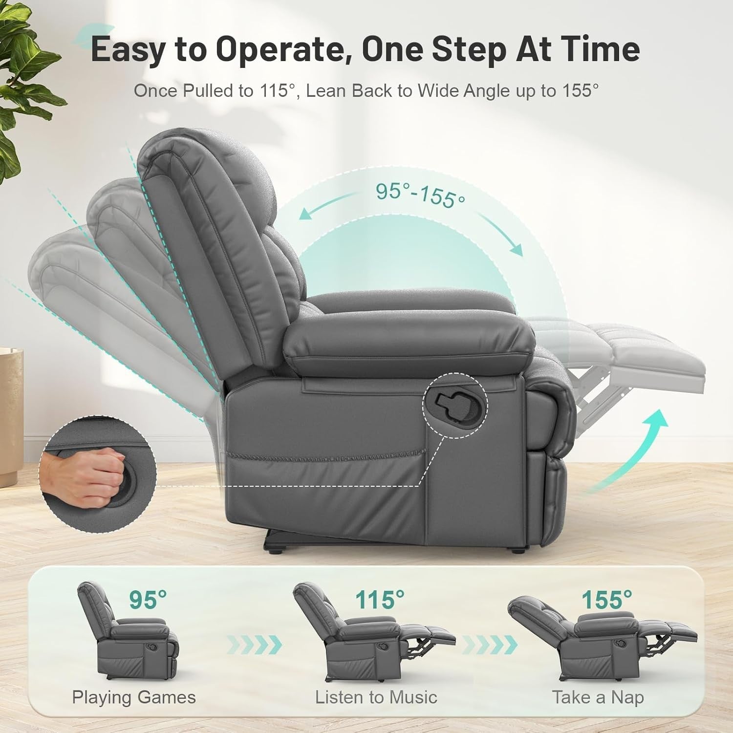PU Grey Recliner Armchair Massage Heat Sofa Chair Adjustable Backrest Legrest