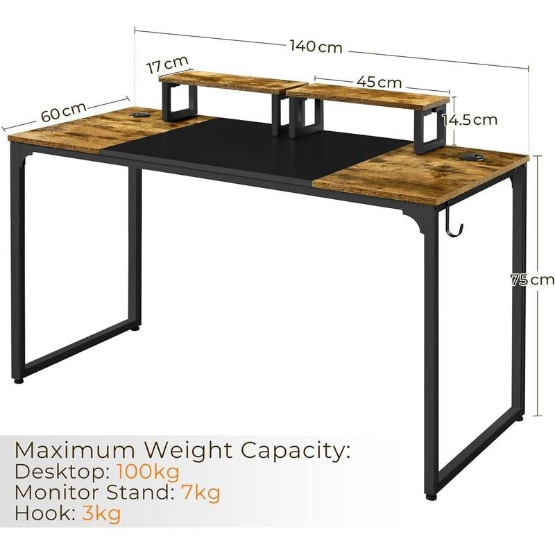 140cm Rustic Computer Desk with Monitor Stand, Cable Ports & Headset Hook
