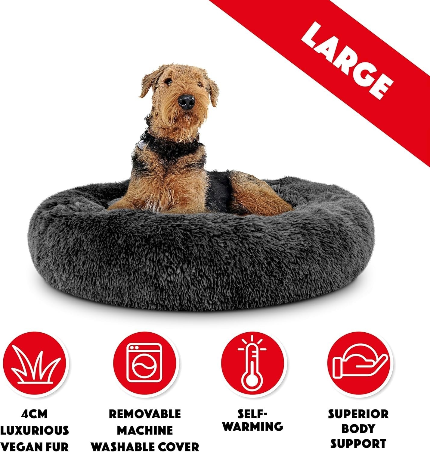 Large Plush Donut Dog Bed 91cm Calming Round Nest Grey
