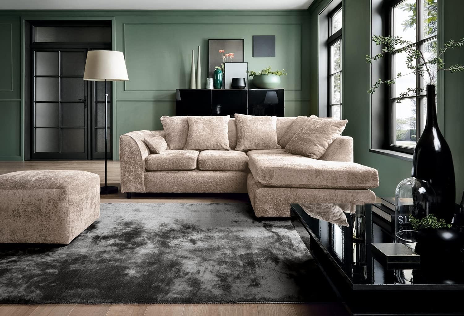 Cream L-Shaped Chenille Sofa 3-Seater Foam Cushions Modern Living Room