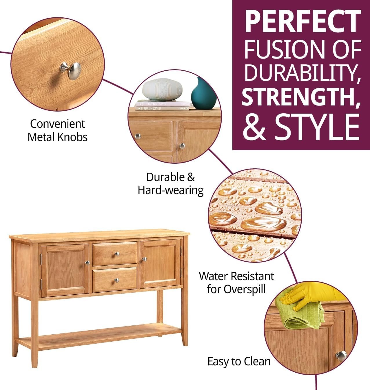 Large Solid Oak Console Table with Storage Drawers & Shelf, Durable