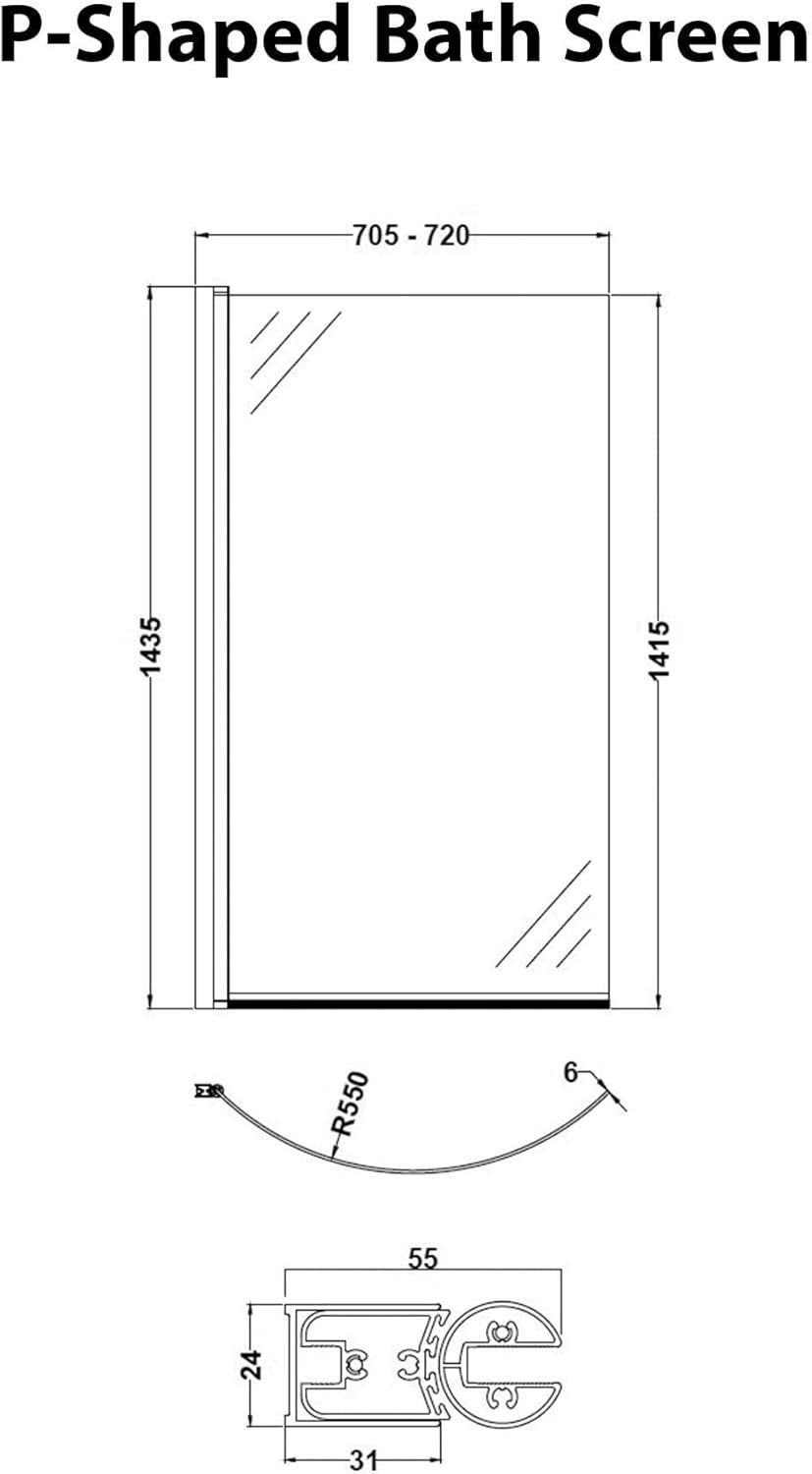 1700x850mm Left Hand P-Shaped Acrylic Shower Bath with Front Panel Glass Screen