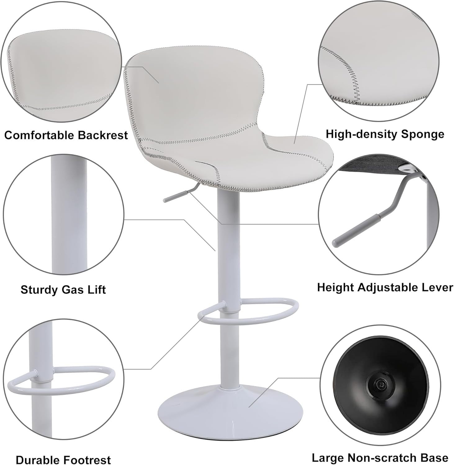 White PU Leather Bar Stools Set of 3 | Adjustable Swivel Counter Chairs