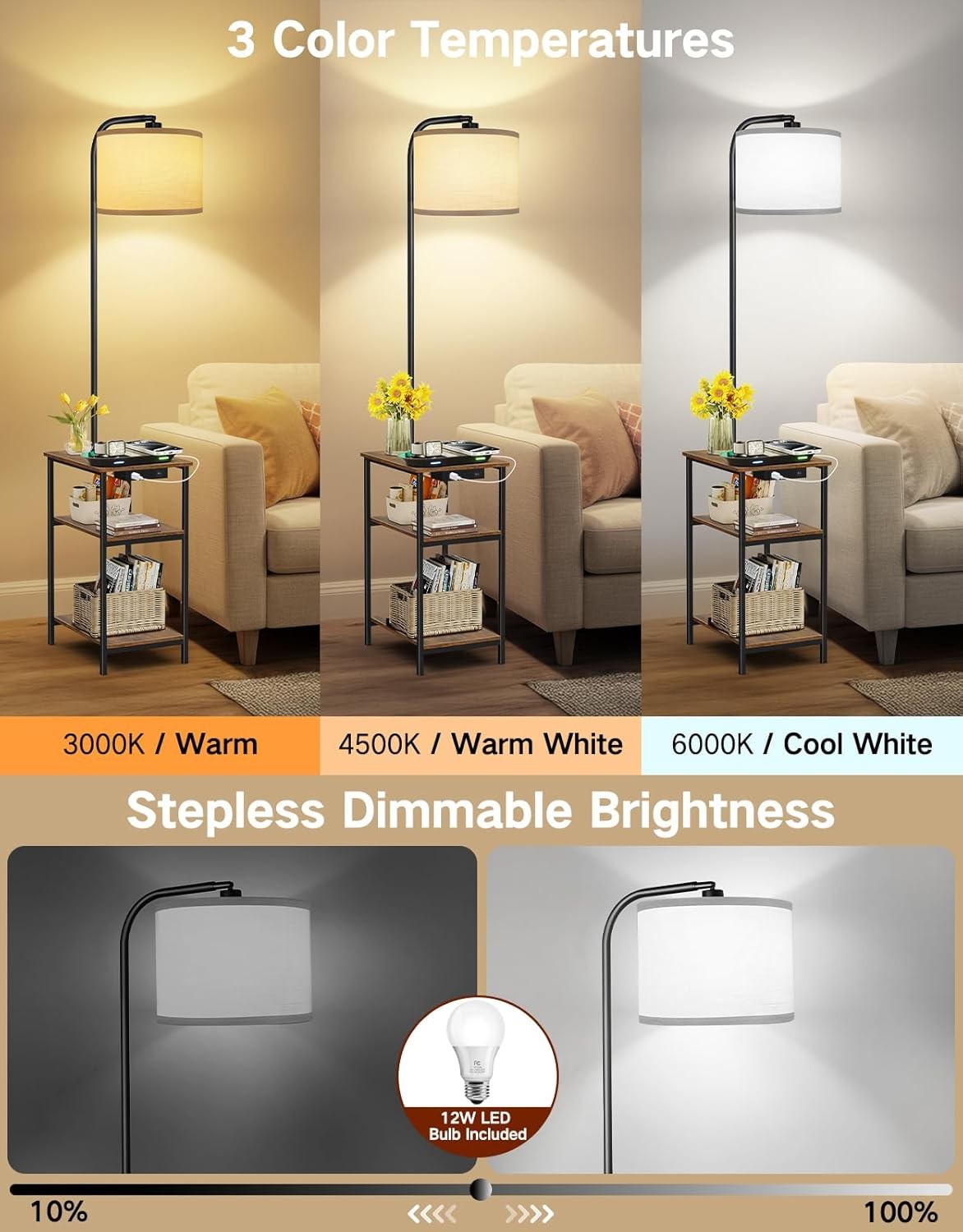 Floor Lamp with Table Remote Charging Shelves Dimmable LED End Table Light