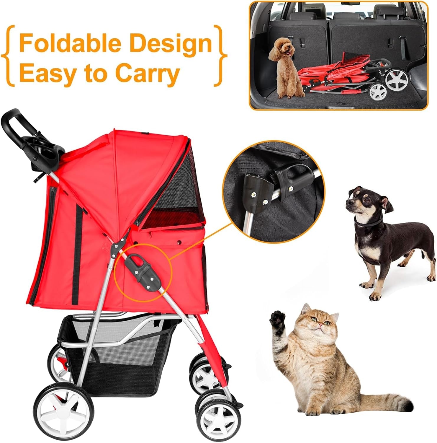 Pet Travel Stroller Dog Cat Pushchair 4 Wheel Folding Pram Jogger Red