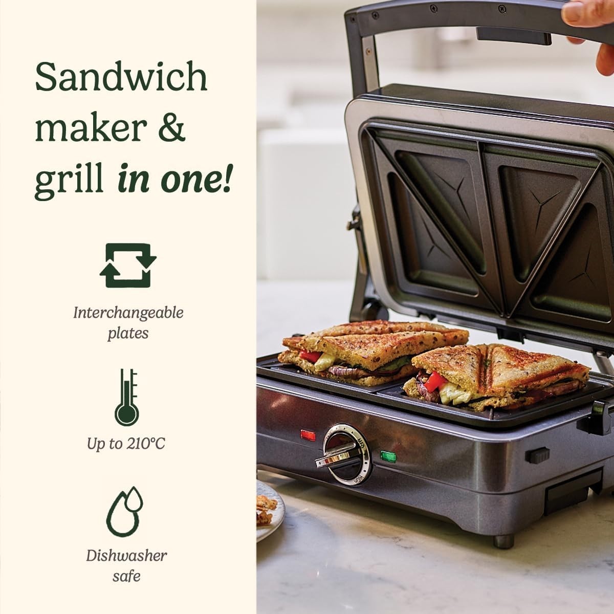 2-in-1 Panini Press Sandwich Maker Grill 1000W Deep Fill Plates