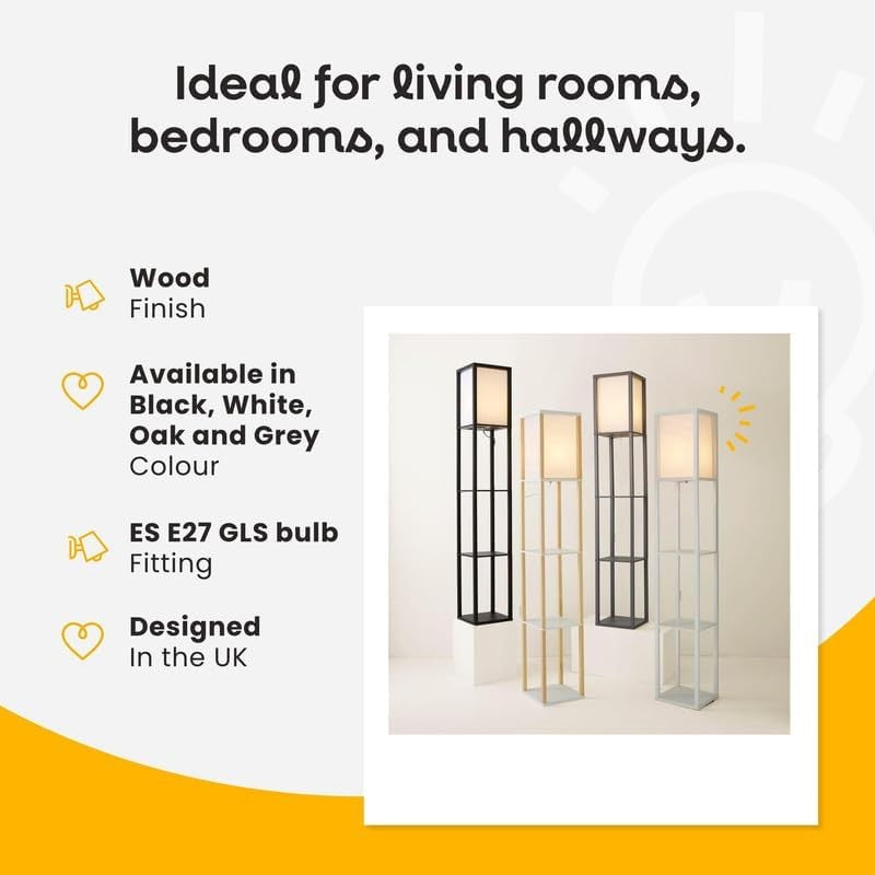 White Wooden Floor Lamp with Shelves Modern Standing Light Storage