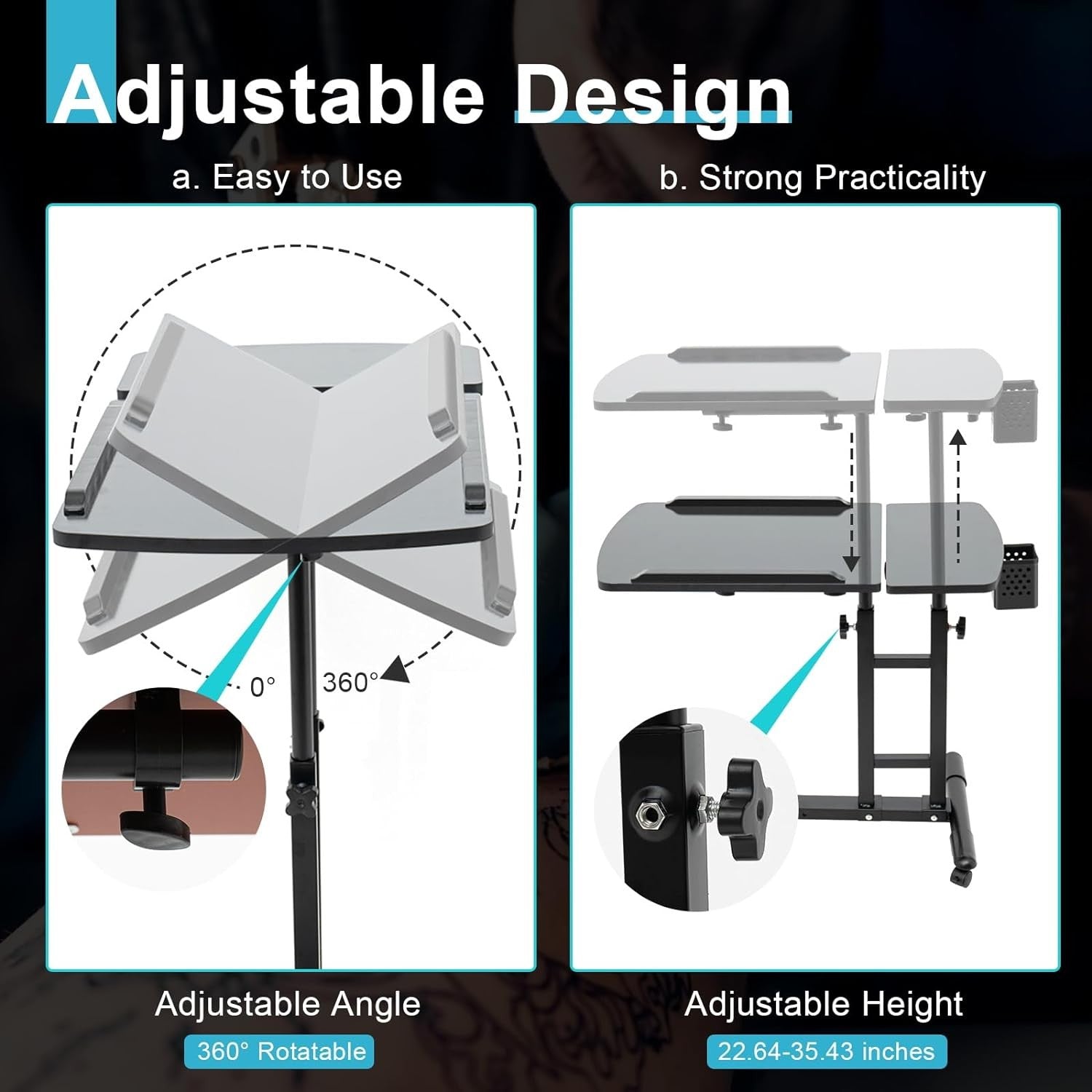 Tattoo Workstation Adjustable 360° Rotating Table Mobile Studio Wheels