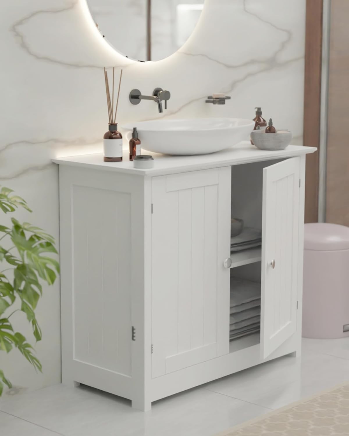 Rustic White Under Sink Bathroom Cabinet with Double Doors & Storage Shelf