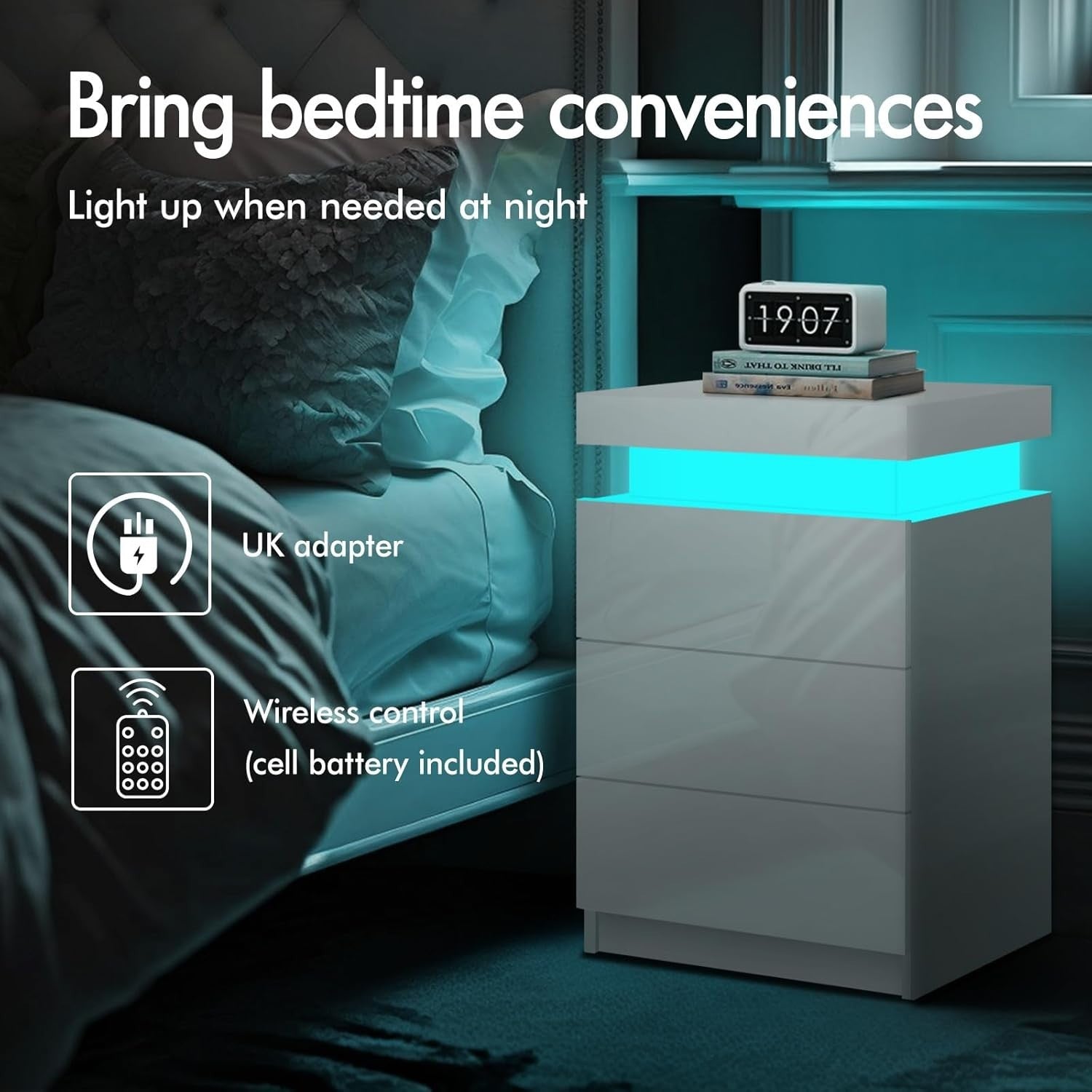 LED Bedside Table with 3 Drawers & RGB Lights | Modern White High Gloss