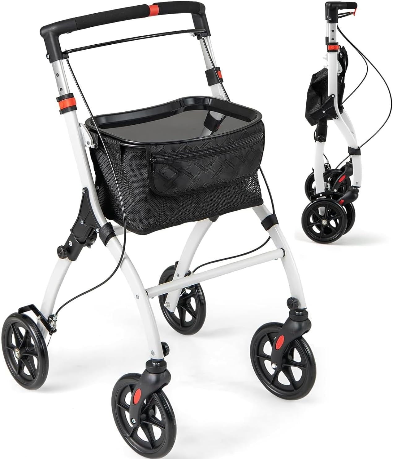Lightweight Folding Rollator Walker 4 Wheel Basket Brakes Narrow White