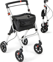 Lightweight Folding Rollator Walker 4 Wheel Basket Brakes Narrow White