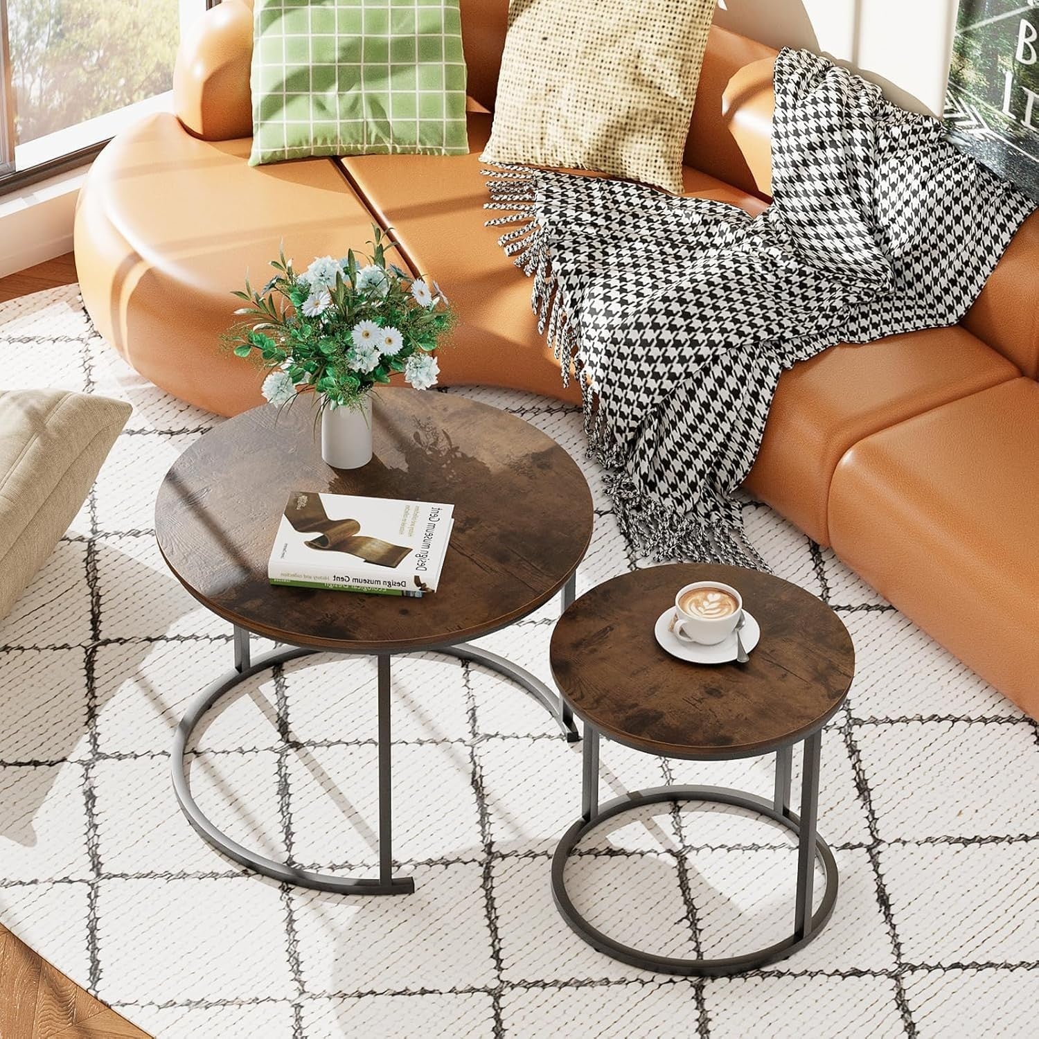 2-Piece Nesting Round Coffee Table Set with Brown Wood Top & Black Metal Frame