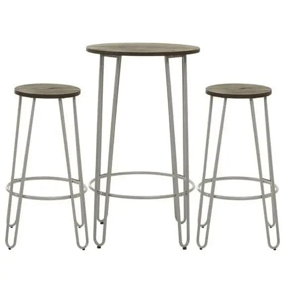 3Pc Bar Table and Stool Set Elm Wood Top Hairpin Legs Industrial Style