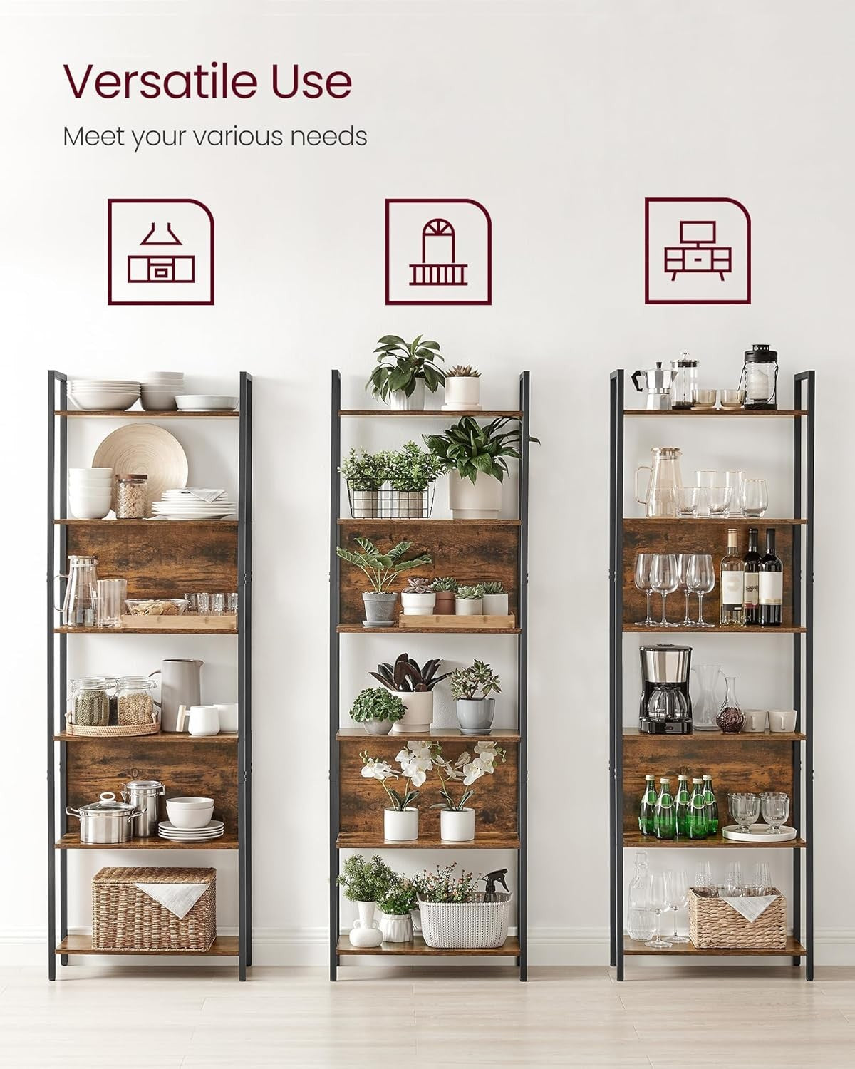 6 Tier Industrial Bookcase Rustic Brown Shelf Tall Storage Unit 60x24x186cm