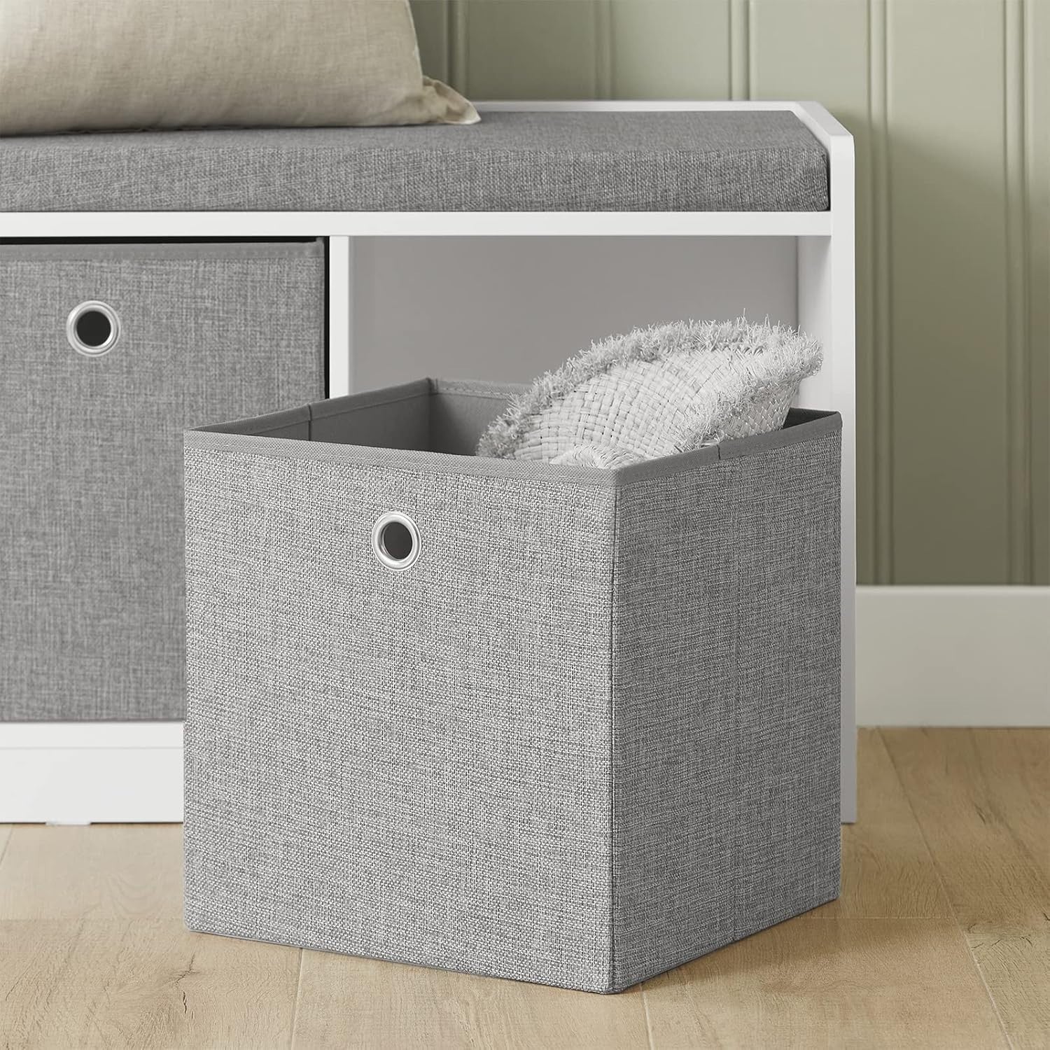 Modern Storage Bench with 3 Fabric Baskets & Cushion | Shoe Rack Cabinet