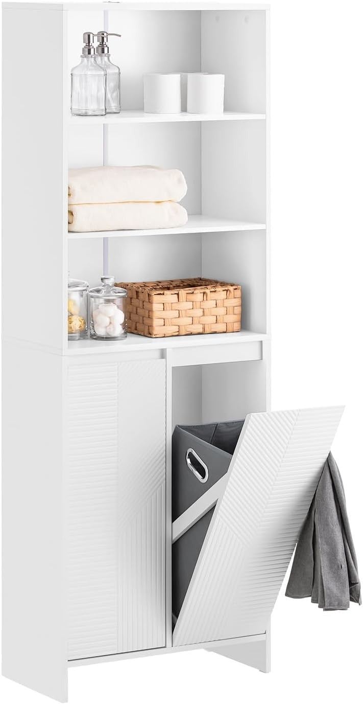Tall Bathroom Storage Cabinet with Laundry Basket Slim White Unit Shelves 171cm