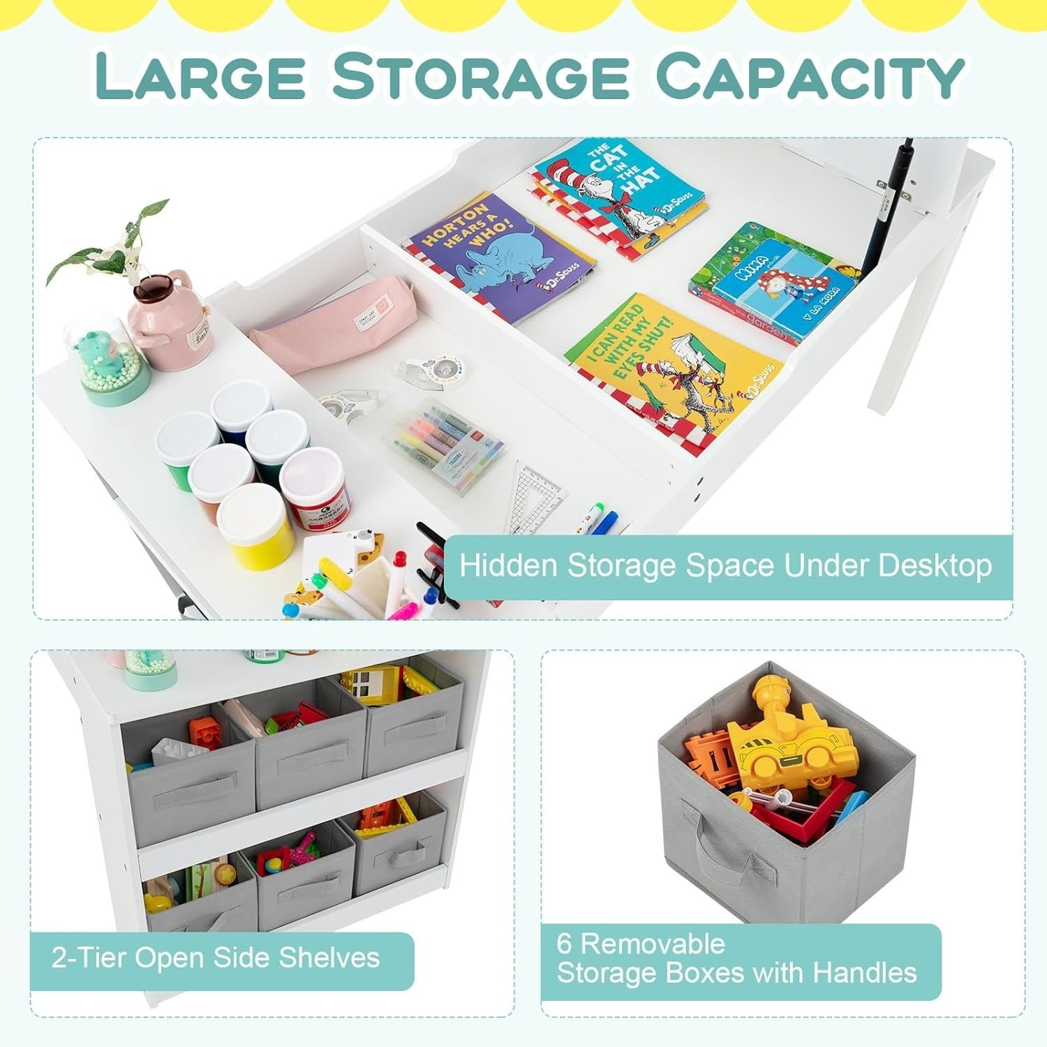 Kids Art Table and Chair Set with Storage Bins & Easel Desk White 5 Cups